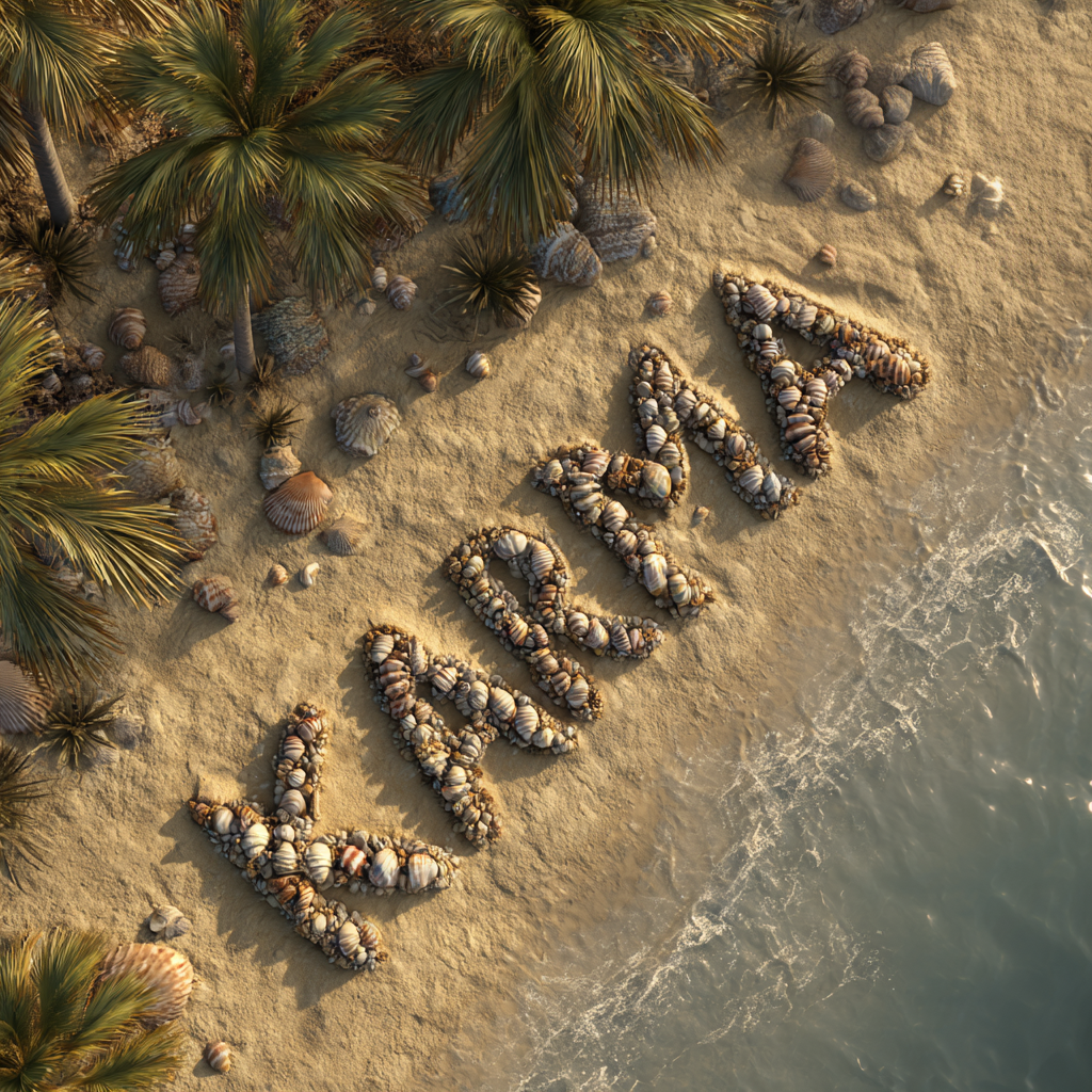 Aerial view of the word "KARMA" arranged using seashells on a tropical shore | Source: Midjourney