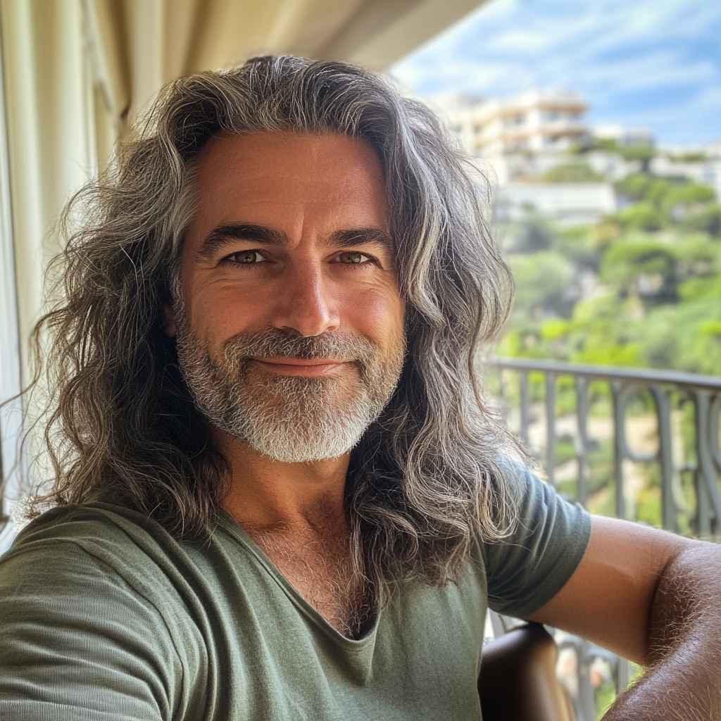 A smiling man sitting on a balcony | Source: Midjourney