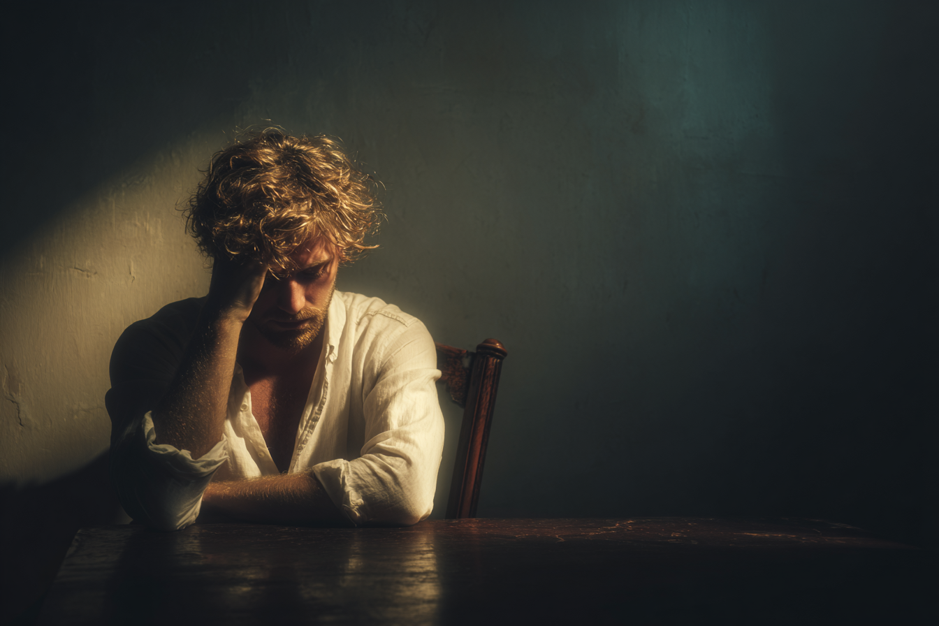 A man seated at a table resting his head in one hand | Source: Midjourney