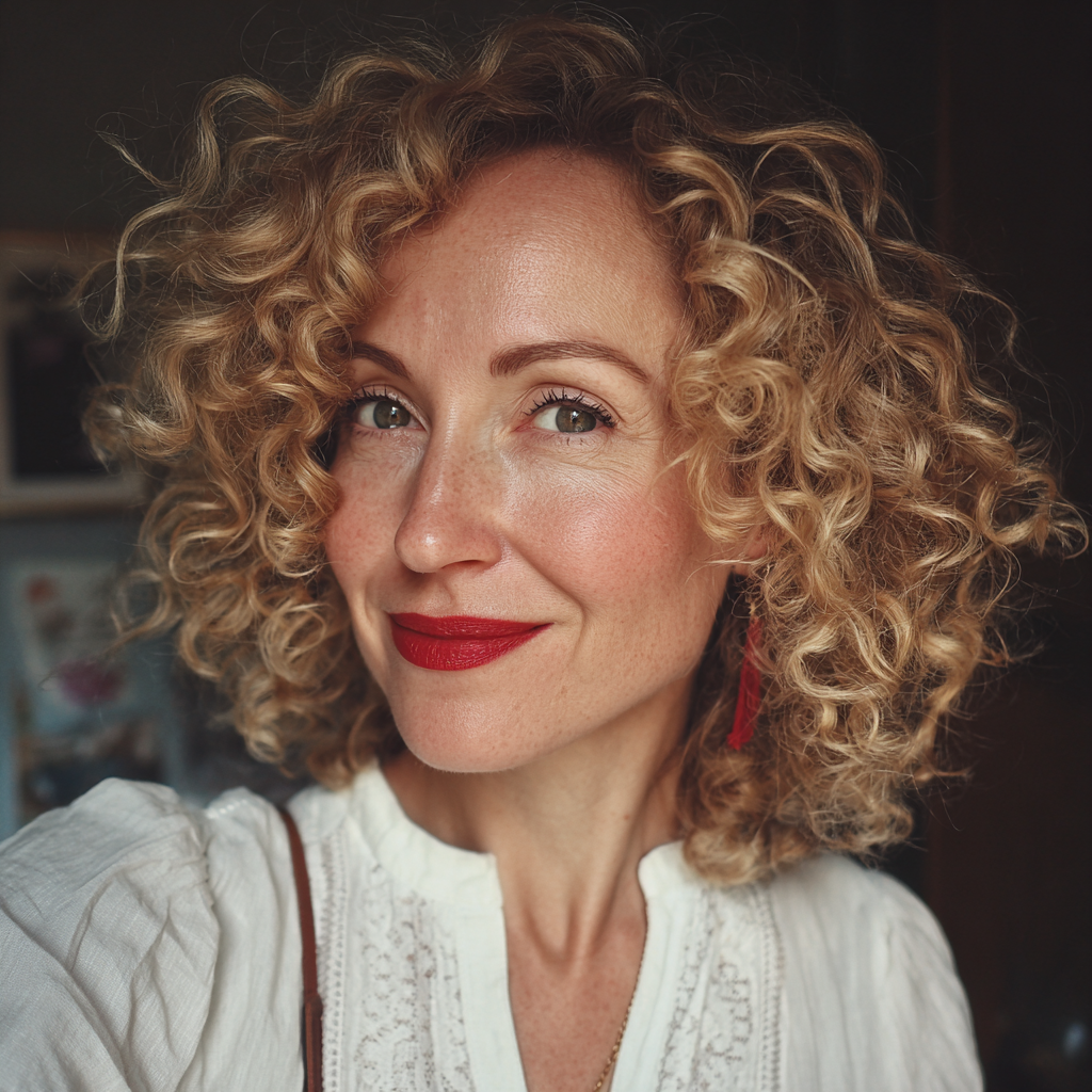 A smiling woman with curly hair | Source: Midjourney