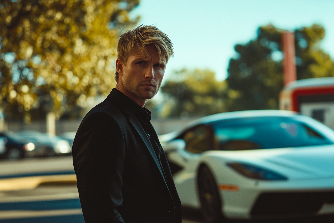 A man wearing a nice suit with a cold expression, standing in front of a white sports car in a parking lot | Source: Midjourney