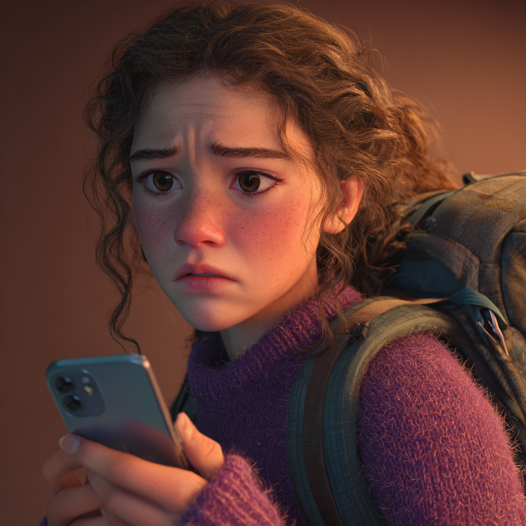 An anxious girl holding her phone | Source: Midjourney