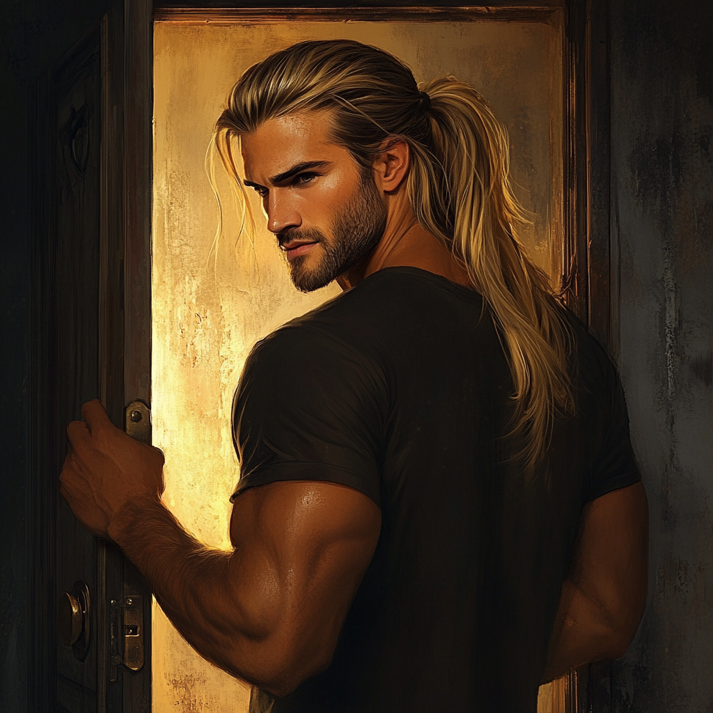 A man with a long ponytail closing a door | Source: Midjourney