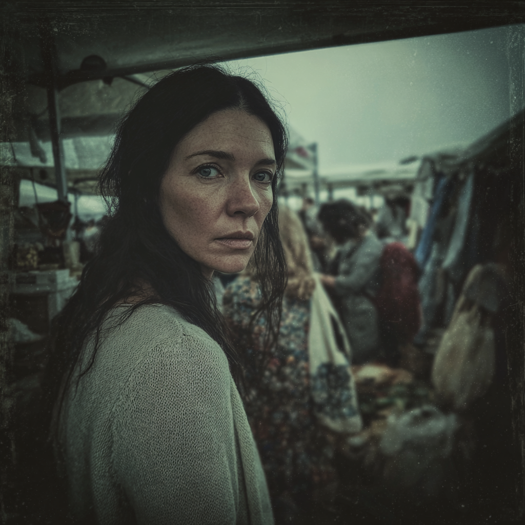 Thin, pale woman standing at a flea market | Source: Midjourney