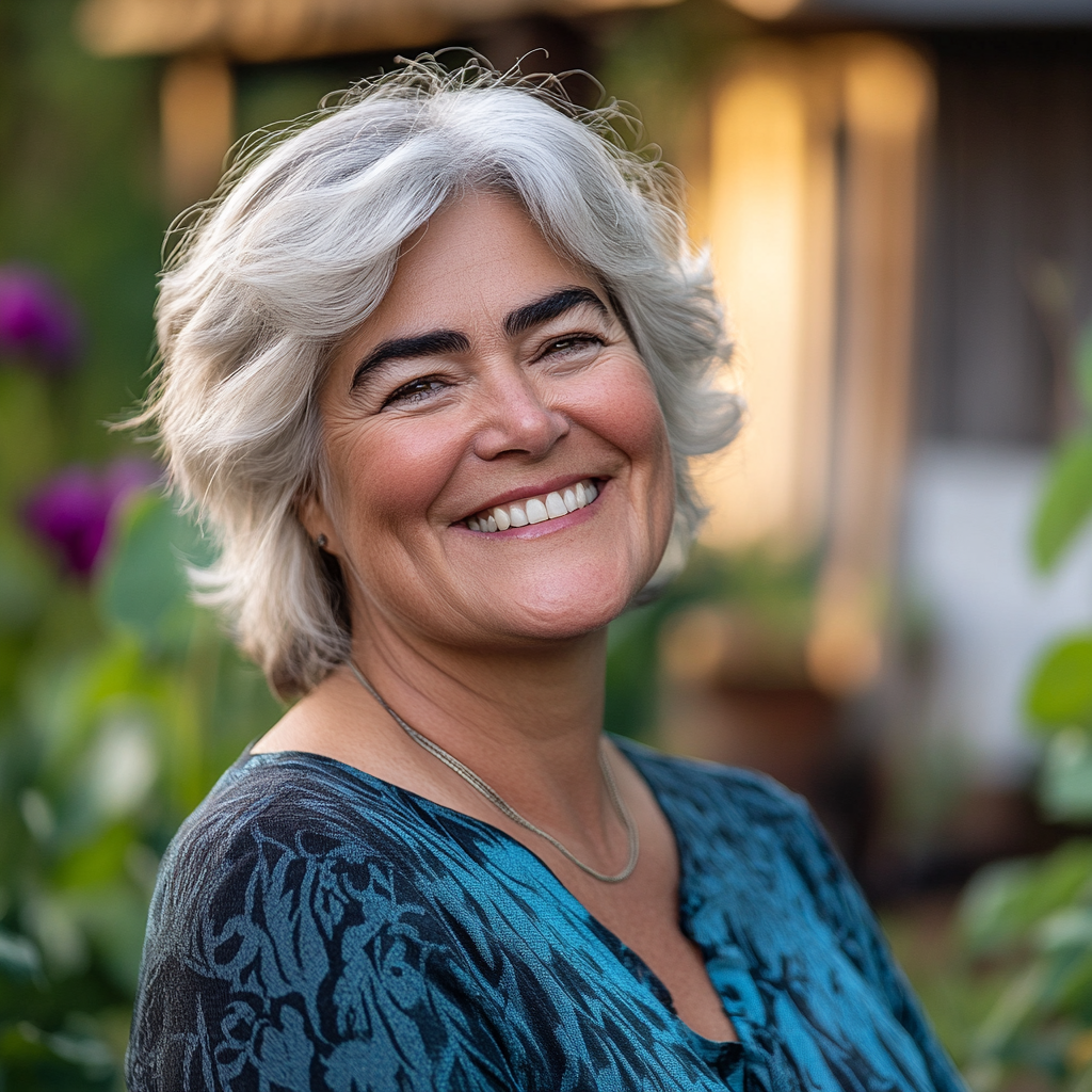 A closeup shot of a senior woman smiling while standing in her home garden | Source: Midjourney