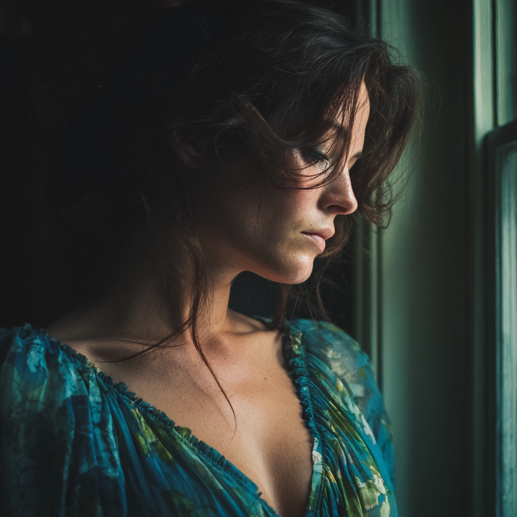 An emotional woman standing by a window | Source: Midjourney