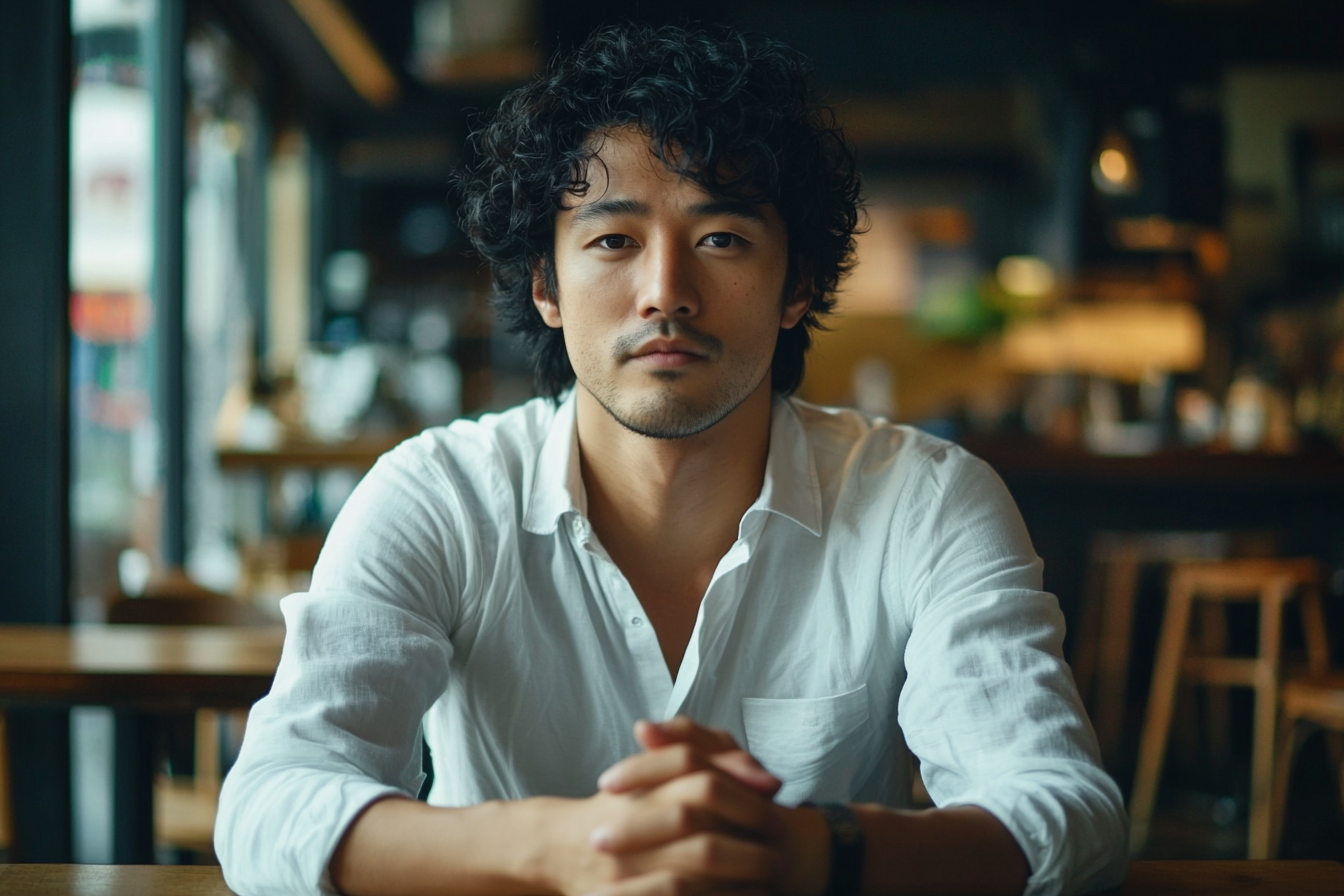 A man sits in a coffee shop with his fingers crossed looking serious | Source: Midjourney