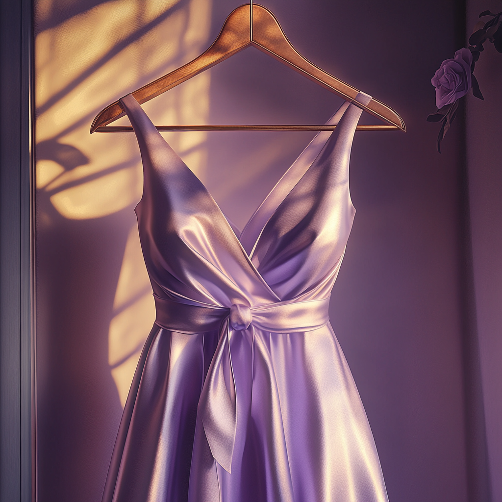 A lavender dress on a hanger | Source: Midjourney