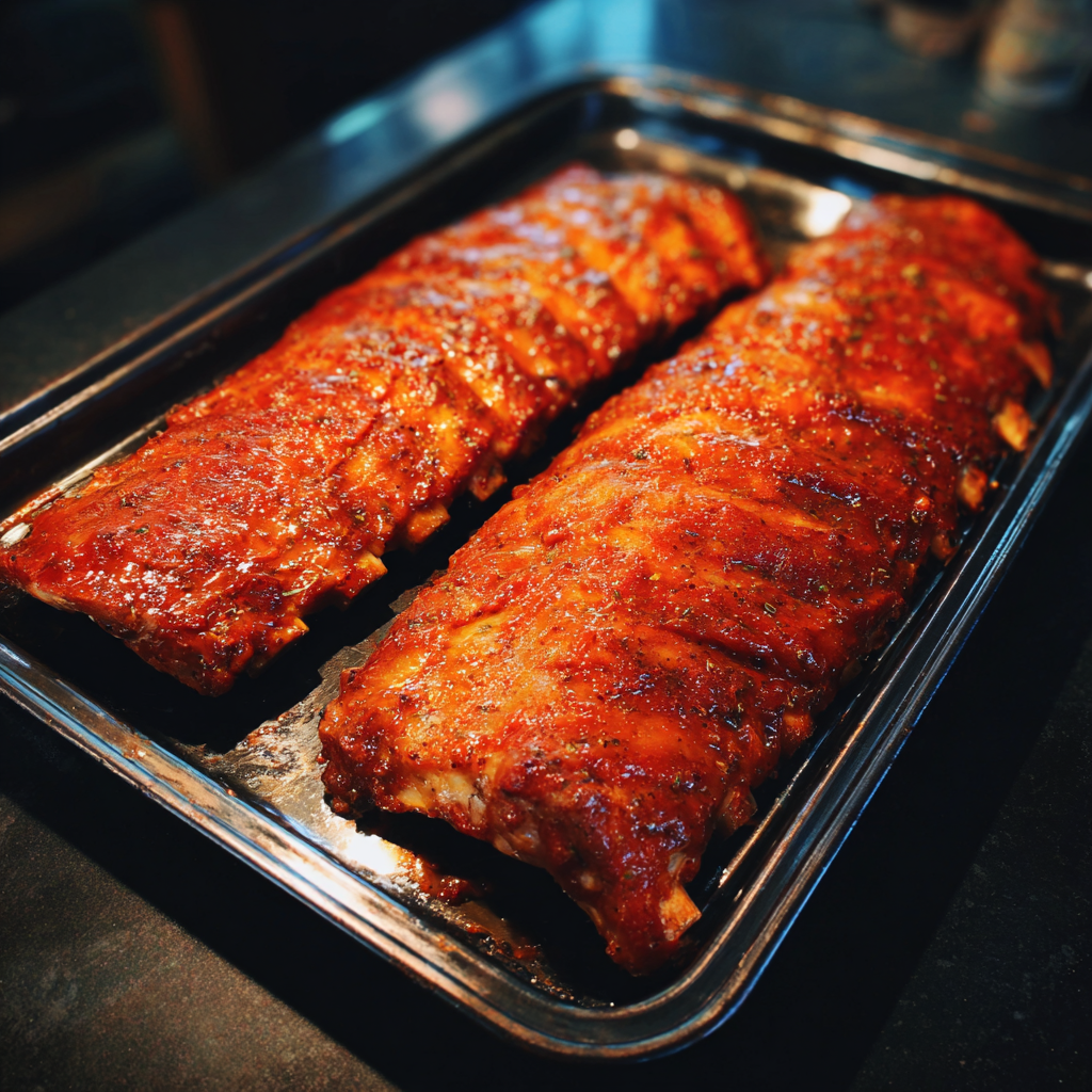 Racks of ribs marinating on a tray | Source: Midjourney