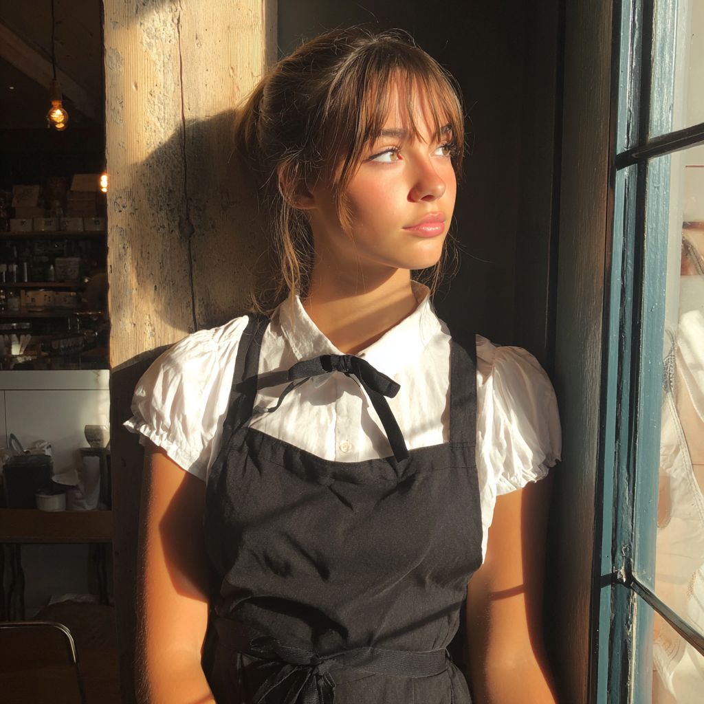 A girl wearing a white shirt and a black apron | Source: Midjourney