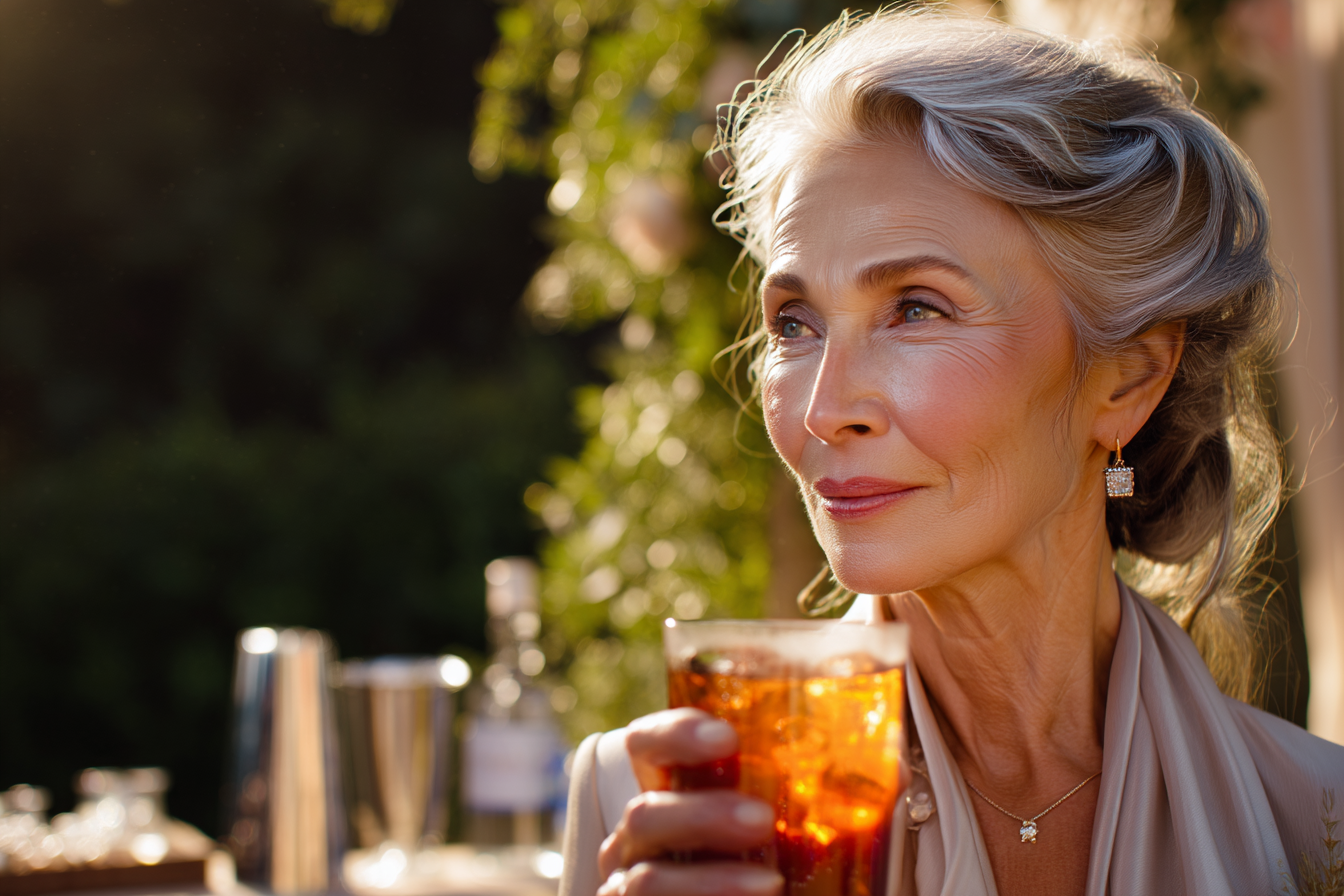 An older woman holding a glass of iced tea | Source: Midjourney