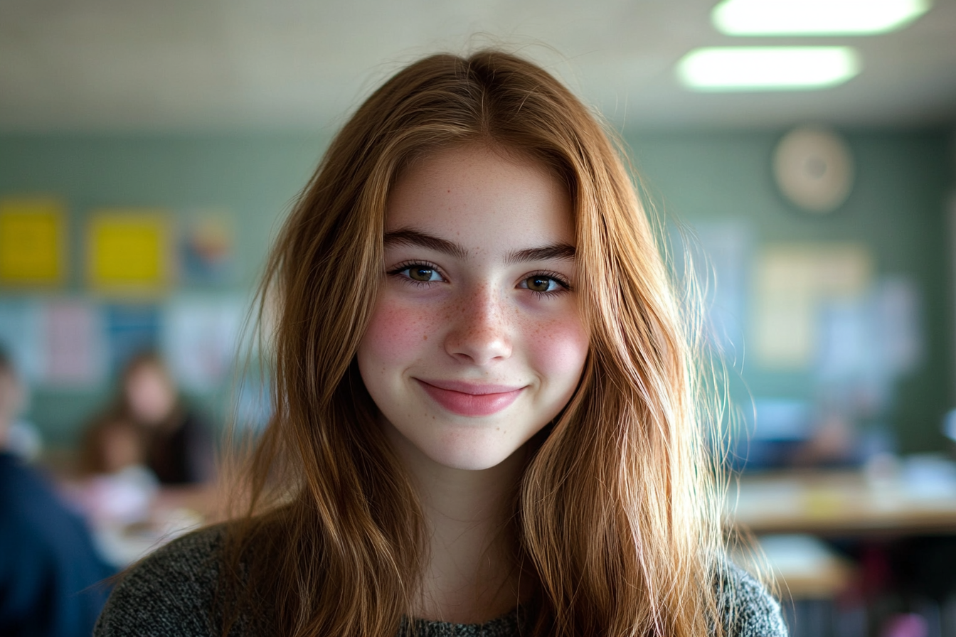 A smiling teen girl in a school classroom | Source: Midjourney