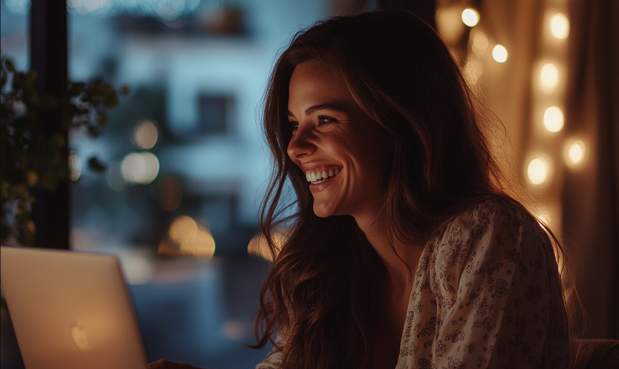 A woman grinning while using her laptop | Source: Midjourney