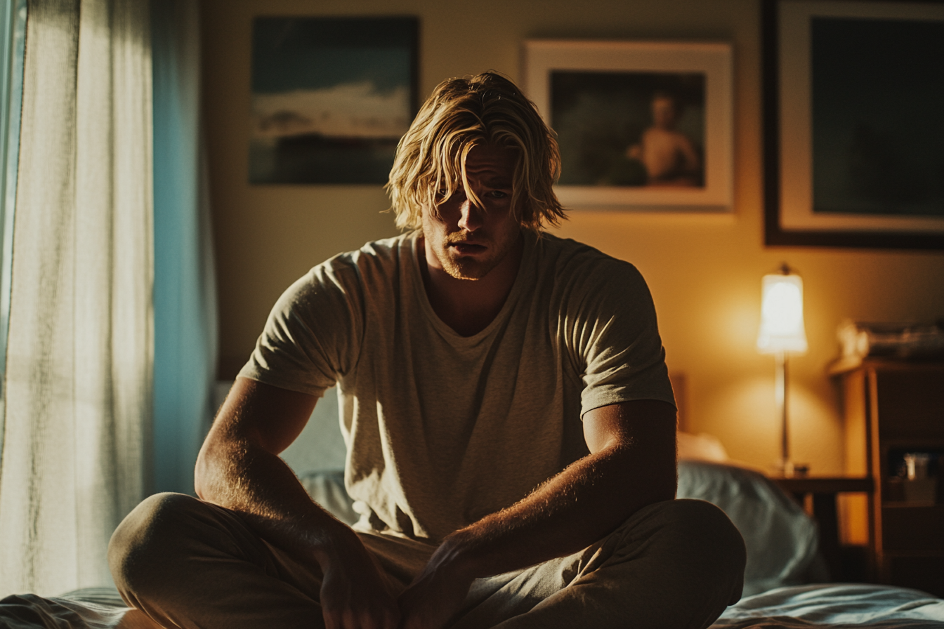 A worried blonde man sitting on a bed | Source: Midjourney