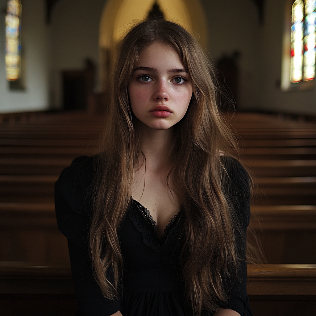 An upset teenage girl sitting in a church | Source: Midjourney