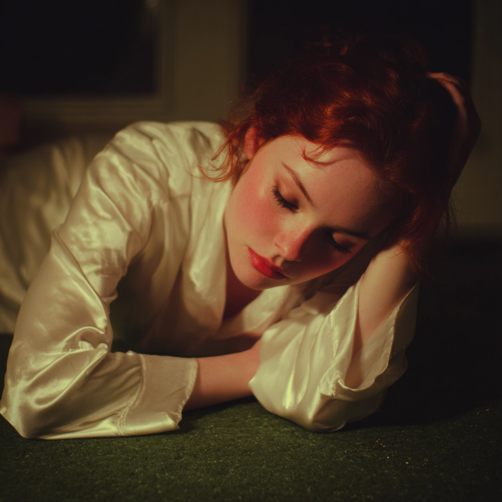 A woman lying on the floor in her white silk pajamas | Source: Midjourney