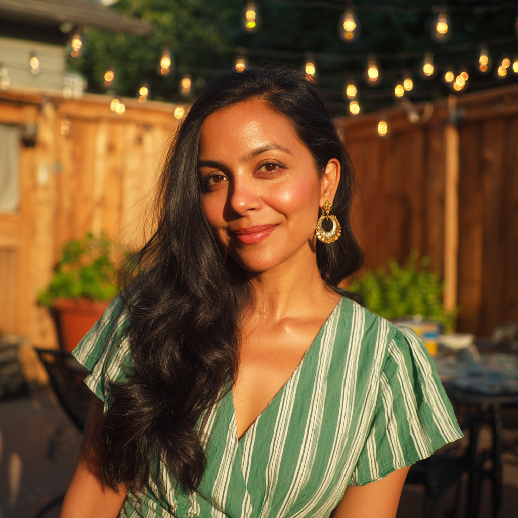 A smiling woman standing on a patio | Source: Midjourney