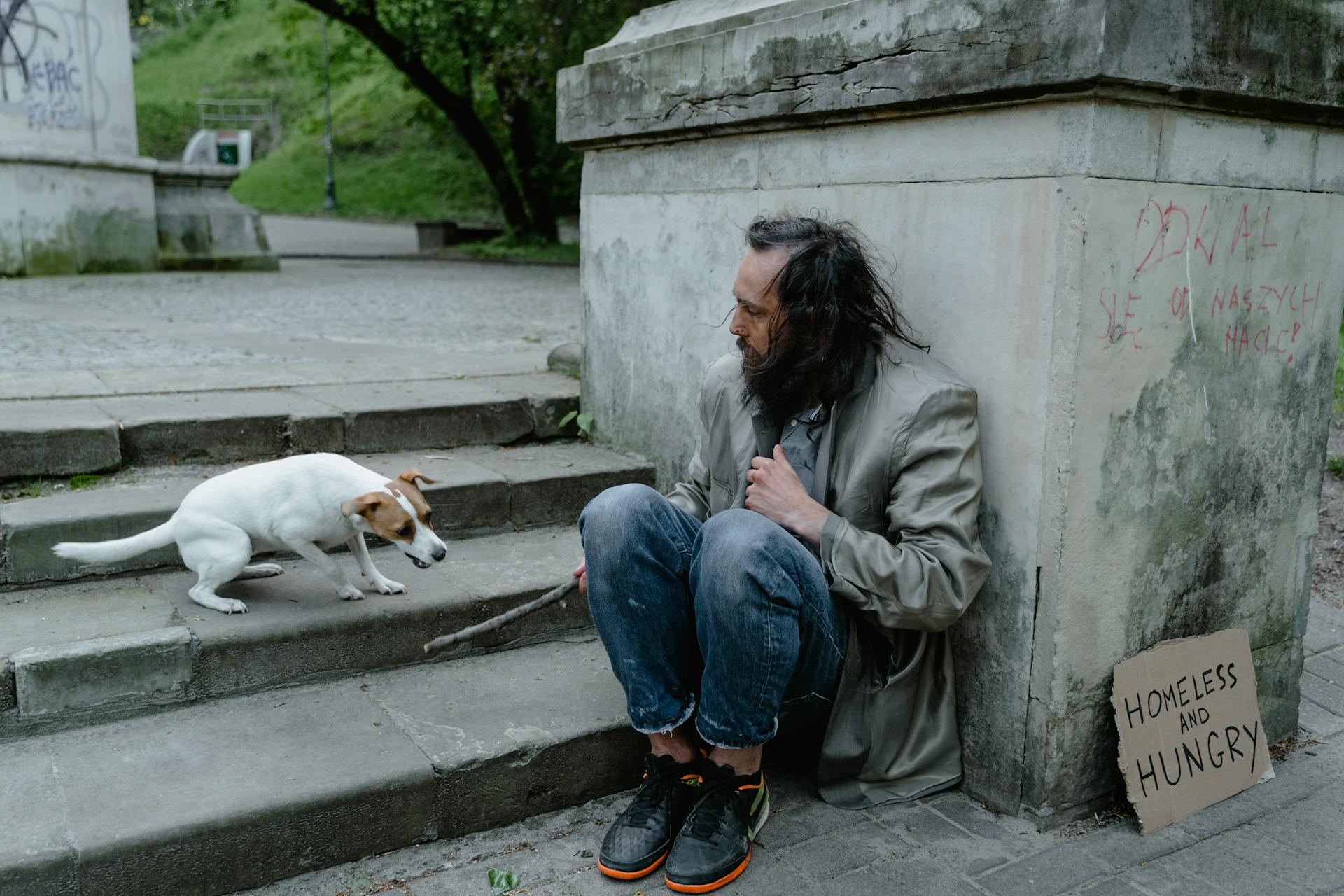 A homeless man sitting with a dog | Source: Pexels