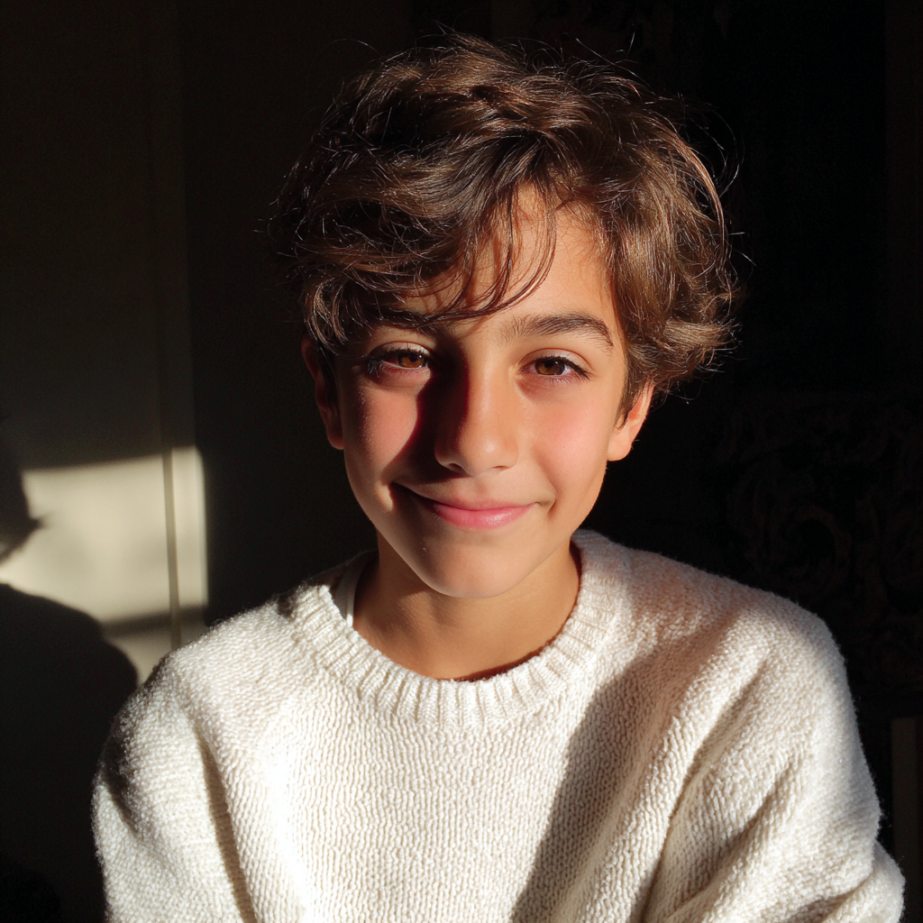 A smiling boy wearing a white sweater | Source: Midjourney