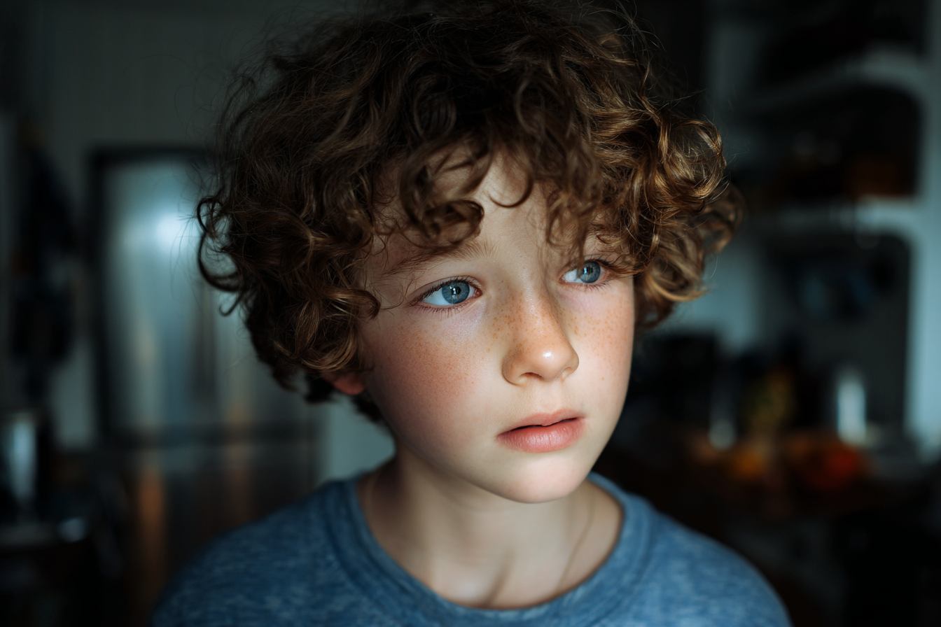 A sad-looking boy speaking to someone | Source: Midjourney