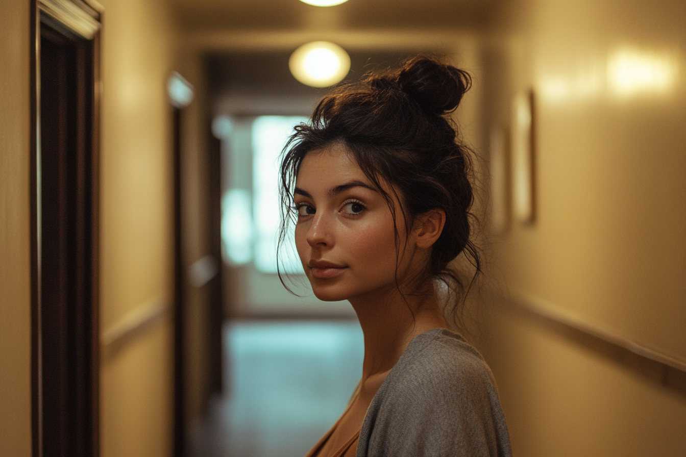 A thoughtful woman standing in a hallway | Source: Midjourney