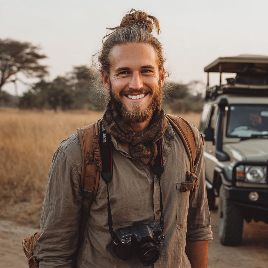A smiling man on a safari | Source: Midjourney