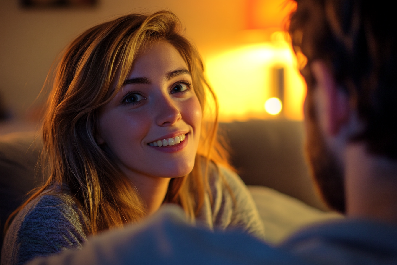 A smiling woman sitting on a sofa with her husband | Source: Midjourney