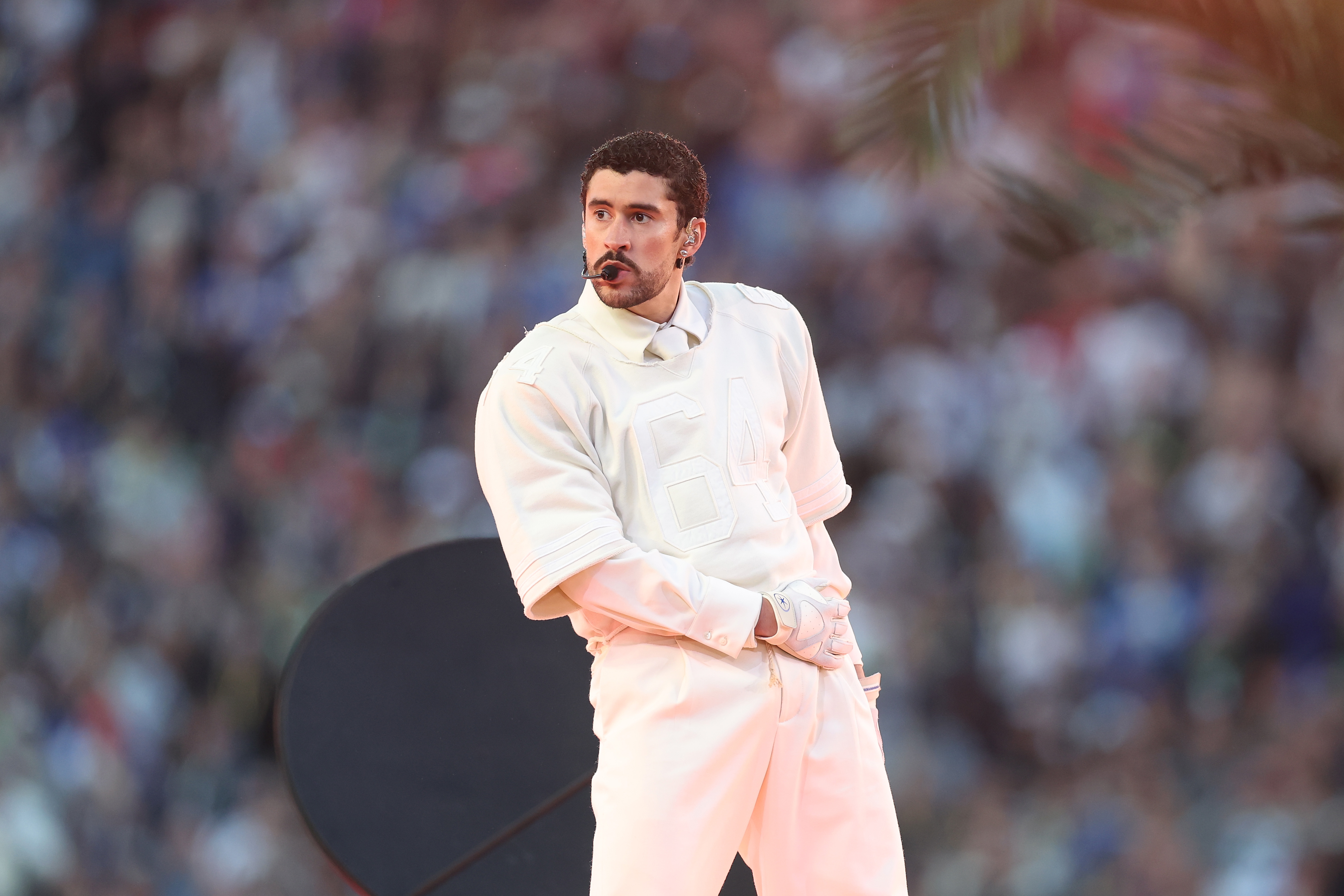 Bad Bunny performs onstage during the Apple Music Super Bowl LX Halftime Show at Levi's Stadium on February 08, 2026 in Santa Clara, California. | Source: Getty Images