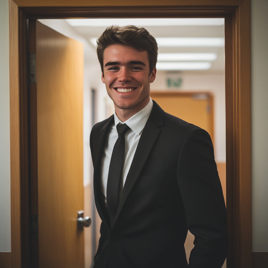 A young successful man in a suit smiling | Source: Midjourney