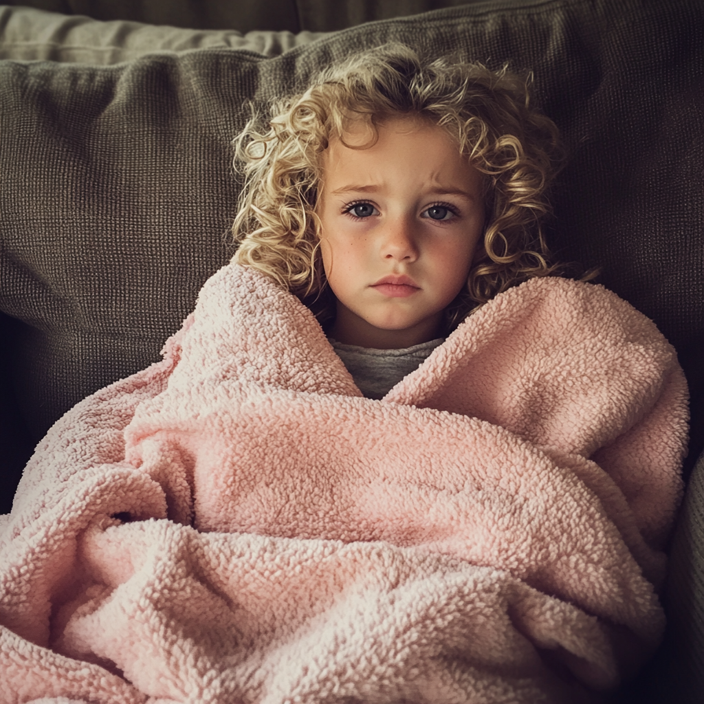 A little girl sitting on a couch wrapped in a pink blanket | Source: Midjourney