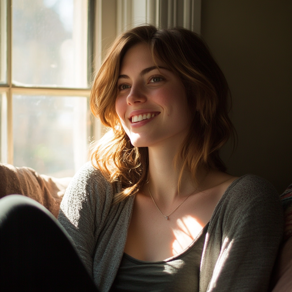 A woman sitting on a couch and smiling | Source: Midjourney