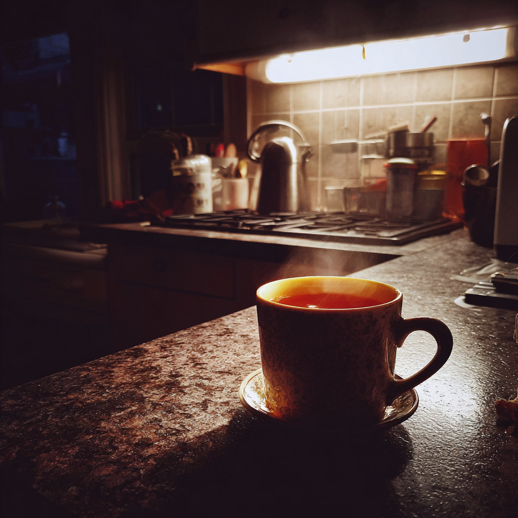 A cup of tea on a kitchen counter | Source: Midjourney