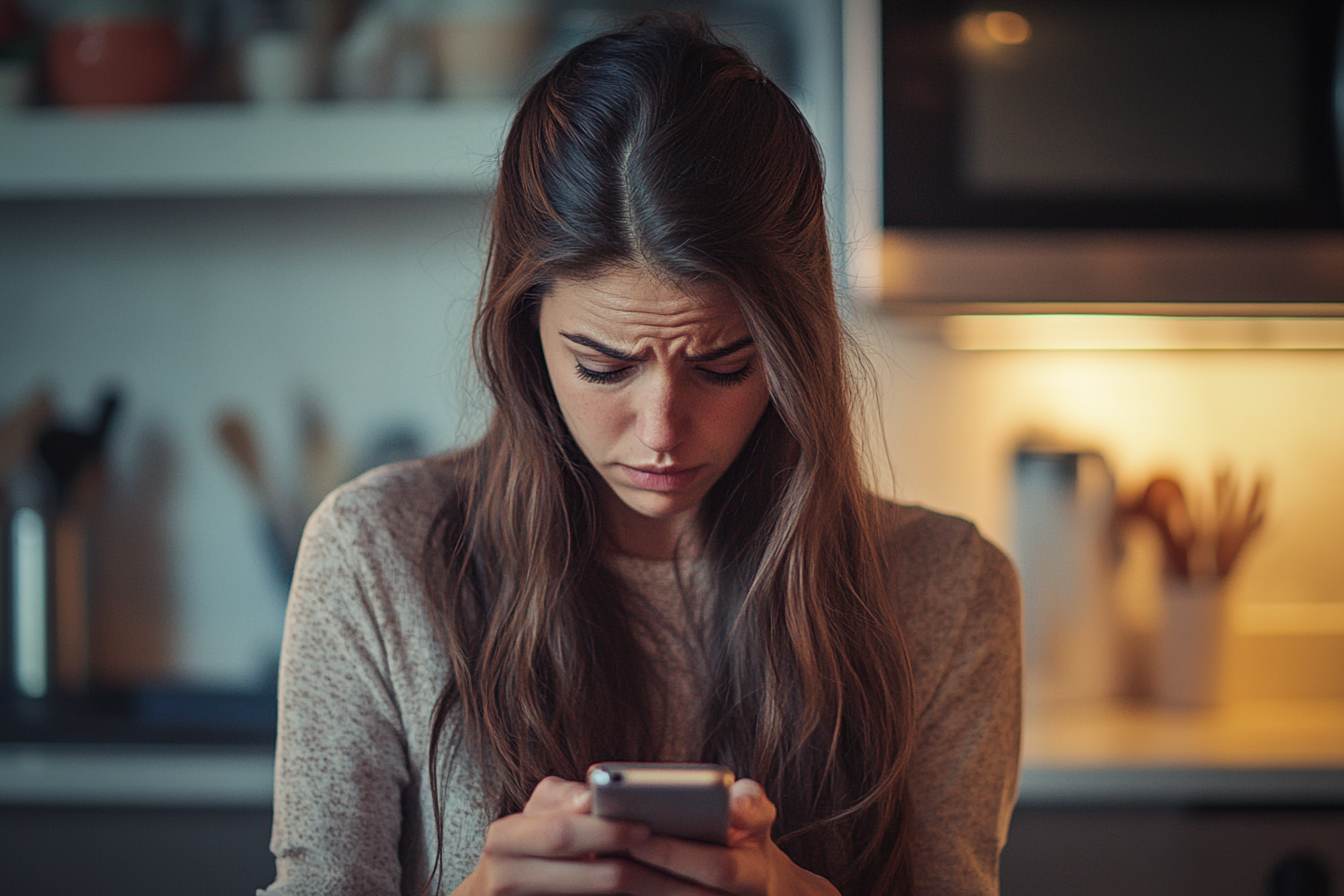 A woman frowning at her phone | Source: Midjourney