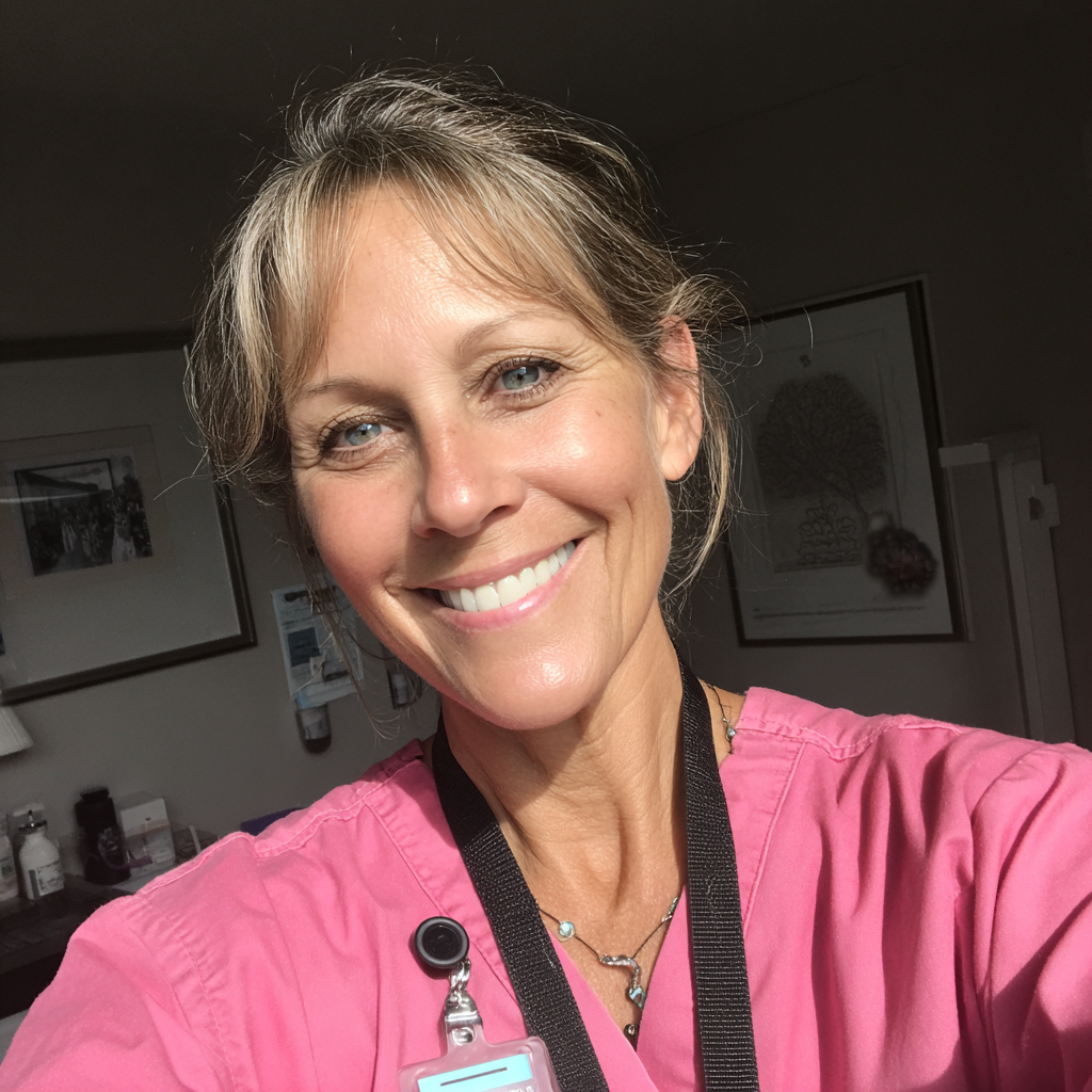 A smiling doctor wearing pink scrubs | Source: Midjourney