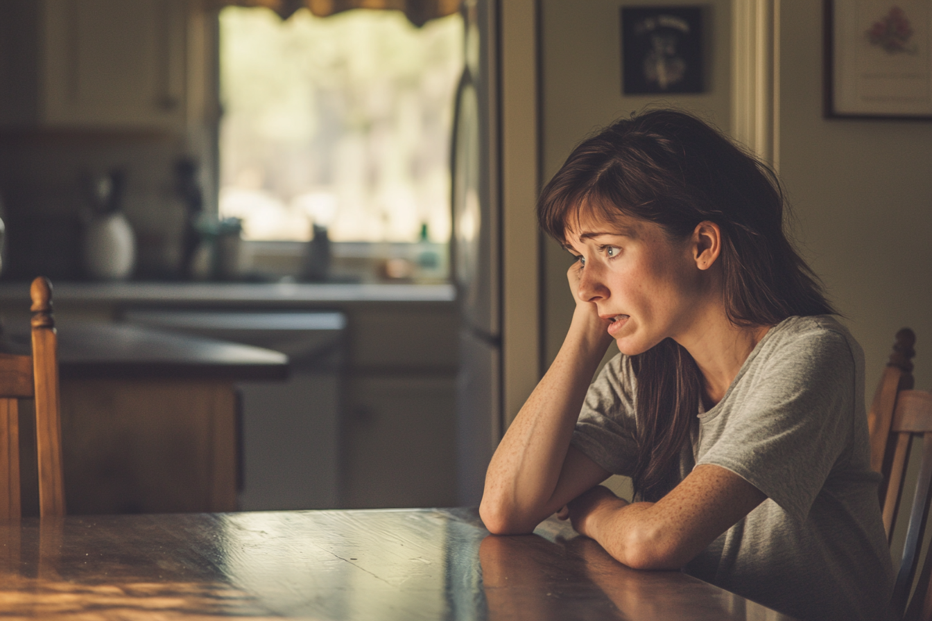 A sad woman sitting at a kitchen table | Source: Midjourney