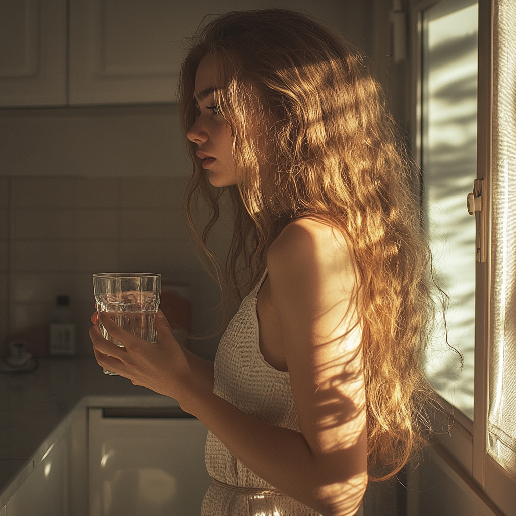 A nervous woman with a glass of water | Source: Midjourney