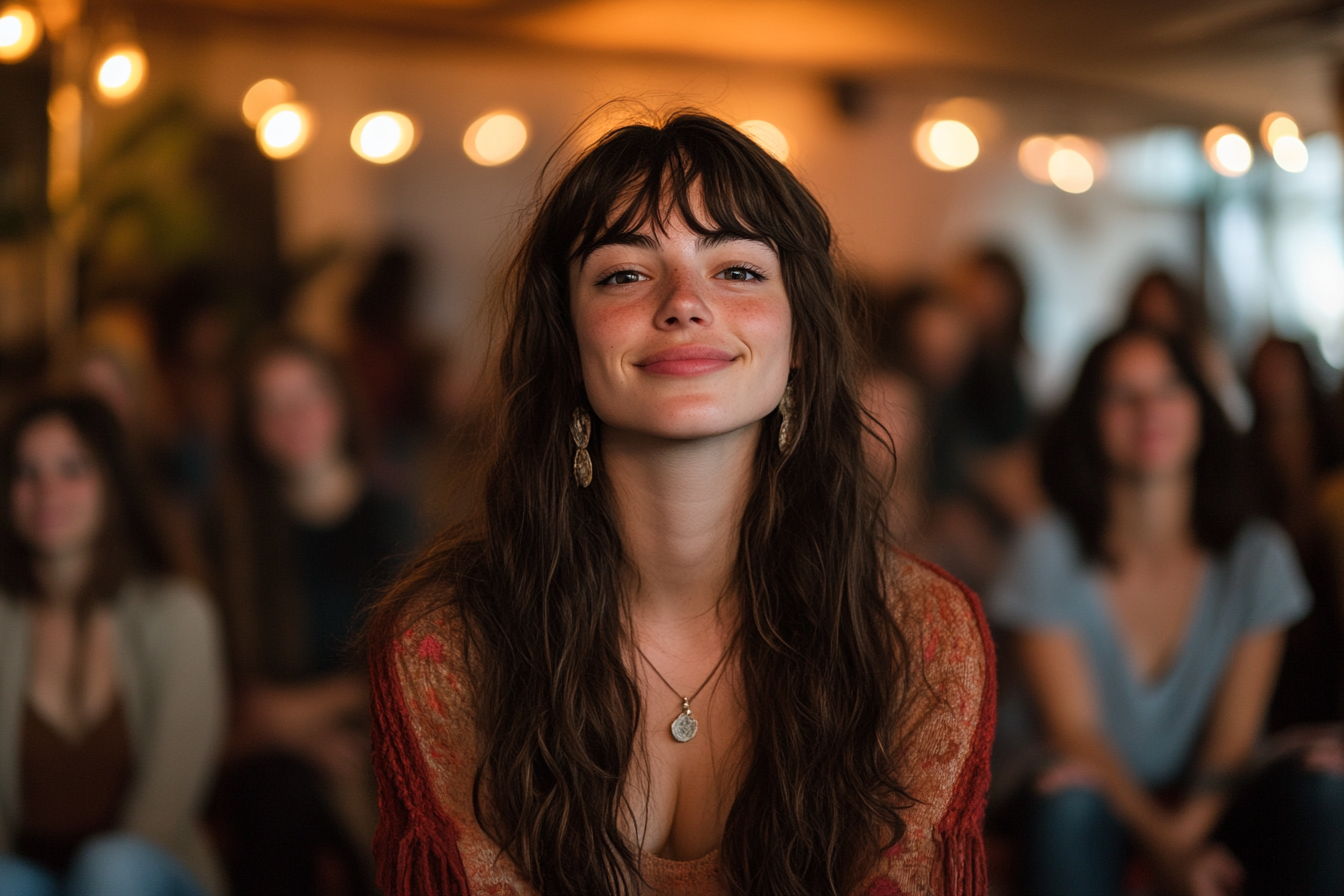 Young woman, slightly smiling, seated, center of attention | Source: Midjourney