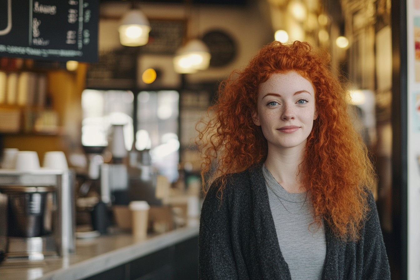 Una mujer sonriendo sentada en un café | Fuente: Midjourney