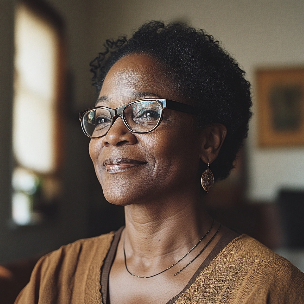 Una mujer sonriente en su sala de estar | Fuente: Midjourney