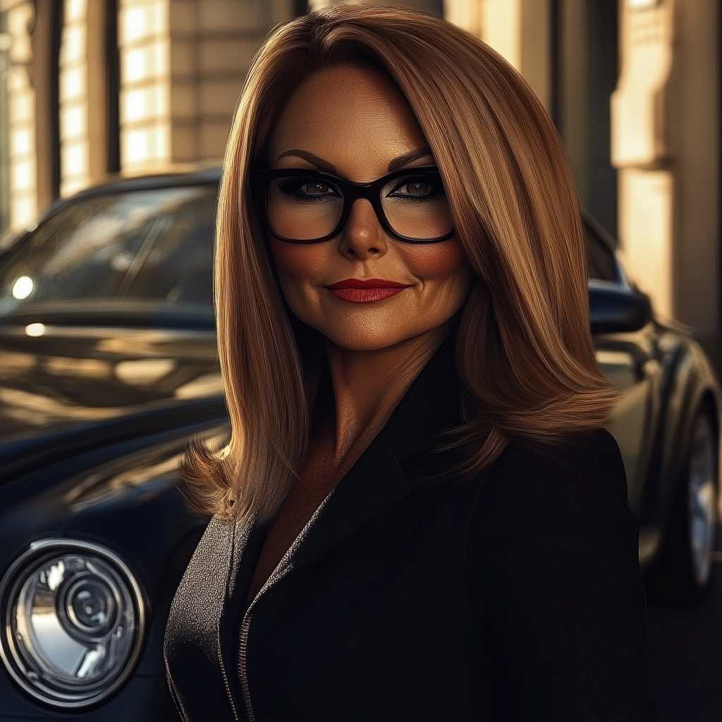 A wealthy-looking senior woman standing near a posh car | Source: Midjourney