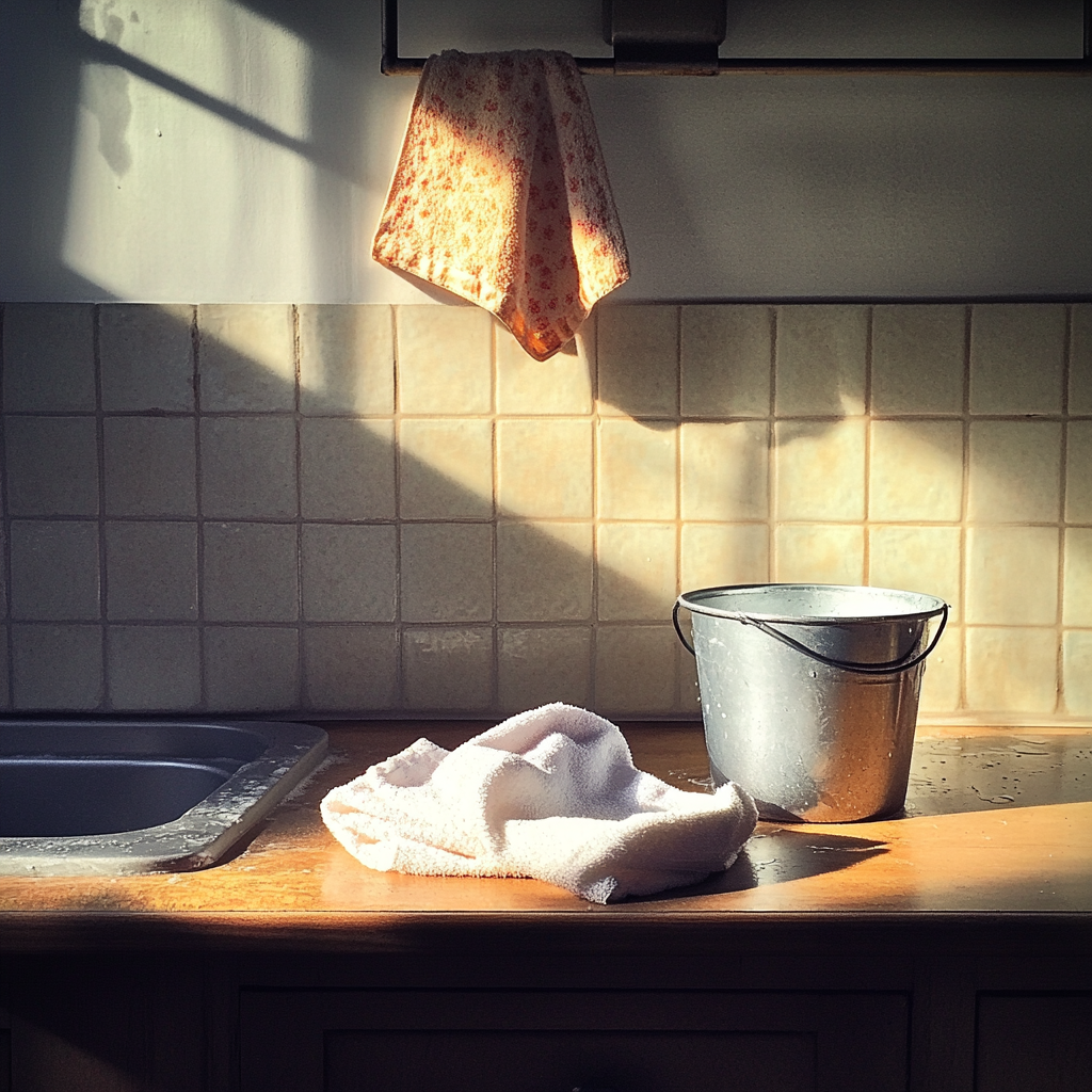 A cloth and bucket on a kitchen counter | Source: Midjourney