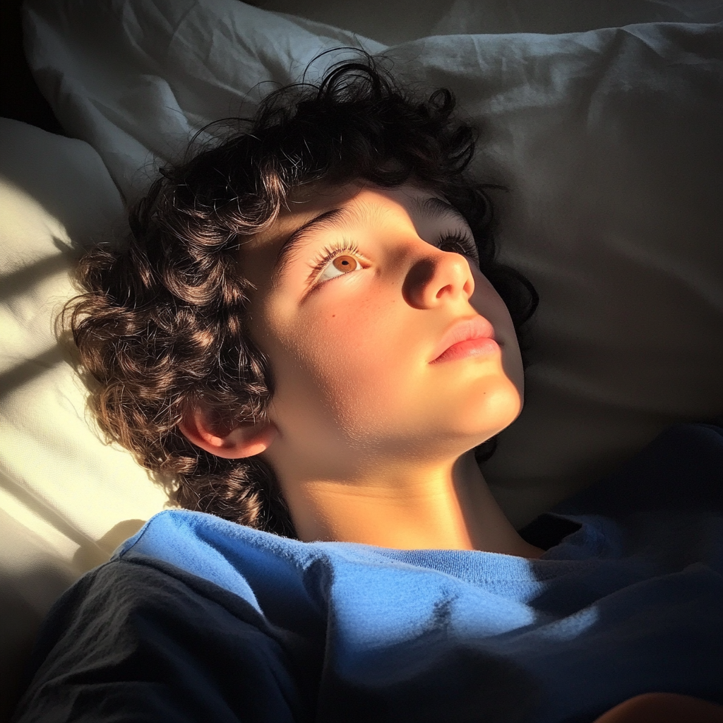 A little boy laying on his bed | Source: Midjourney