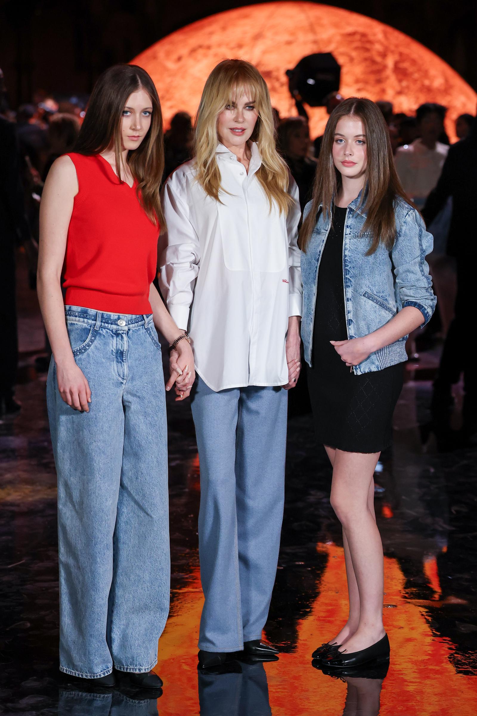 (L-R) Sunday Rose Kidman Urban, Nicole Kidman, and Faith Margaret Kidman-Urban attend the Chanel Womenswear Spring/Summer 2026 show as part of Paris Fashion Week on October 6, 2025, in Paris, France. | Source: Getty Images