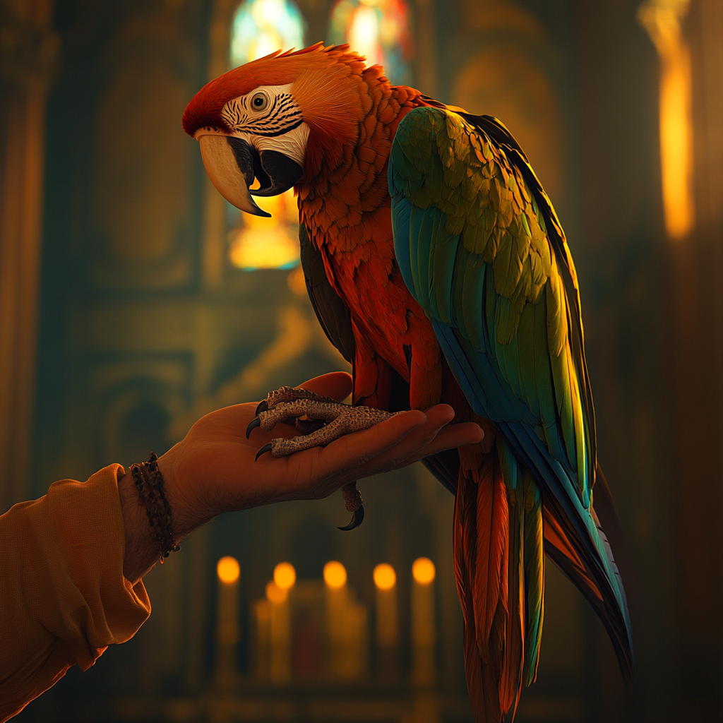 A person in church holding a parrot | Source: Midjourney