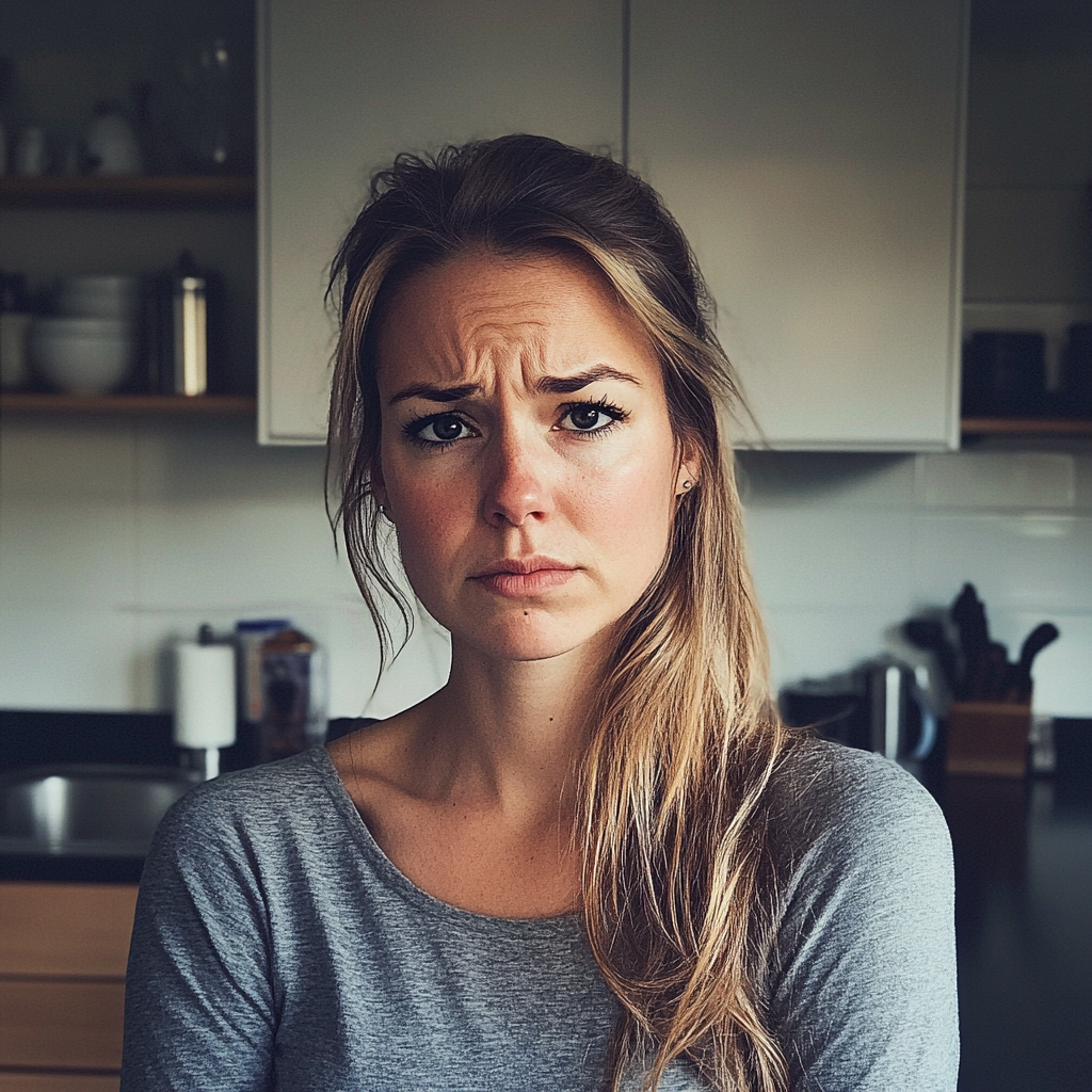 Une femme bouleversée debout dans une cuisine | Source : Midjourney