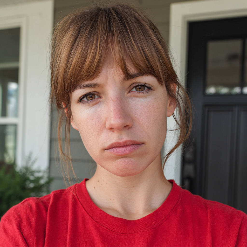 An emotional woman standing on a porch | Source: Midjourney