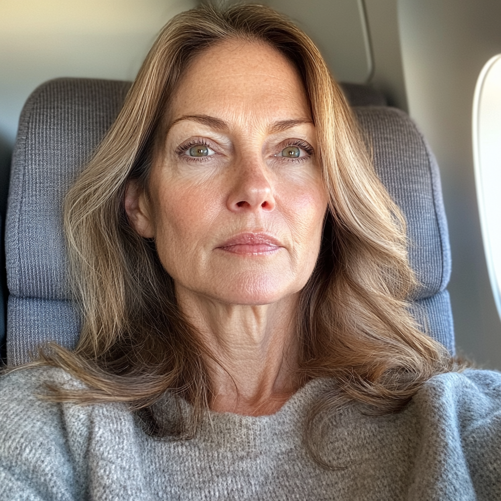 Flight Attendant Woke Me Up & Told Me to Check My Husband's Bag While He Was Away — I Never Expected What I Found 2 A groggy woman sitting in an airplane | Source: Midjourney