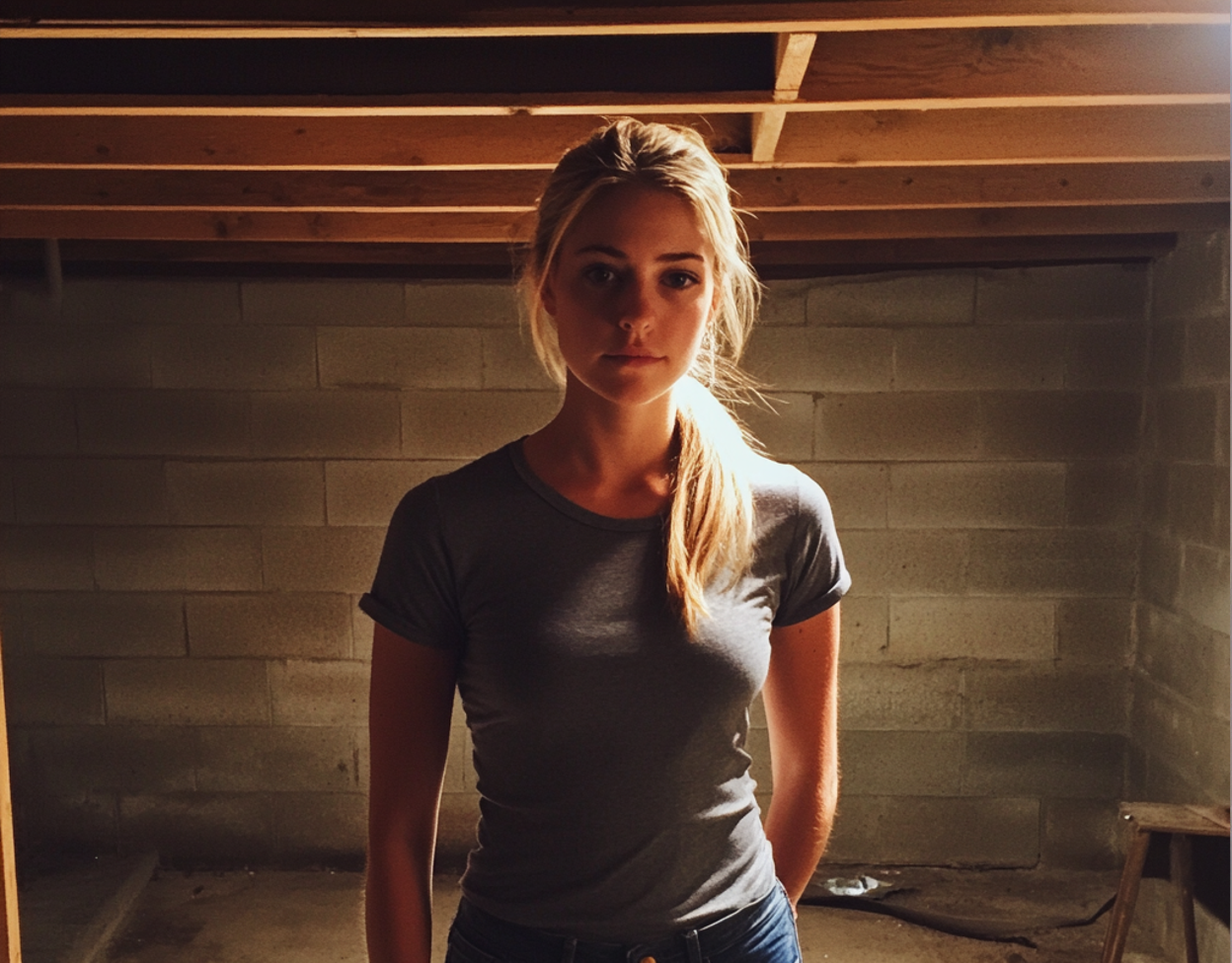 A young woman standing in a basement | Source: Midjourney