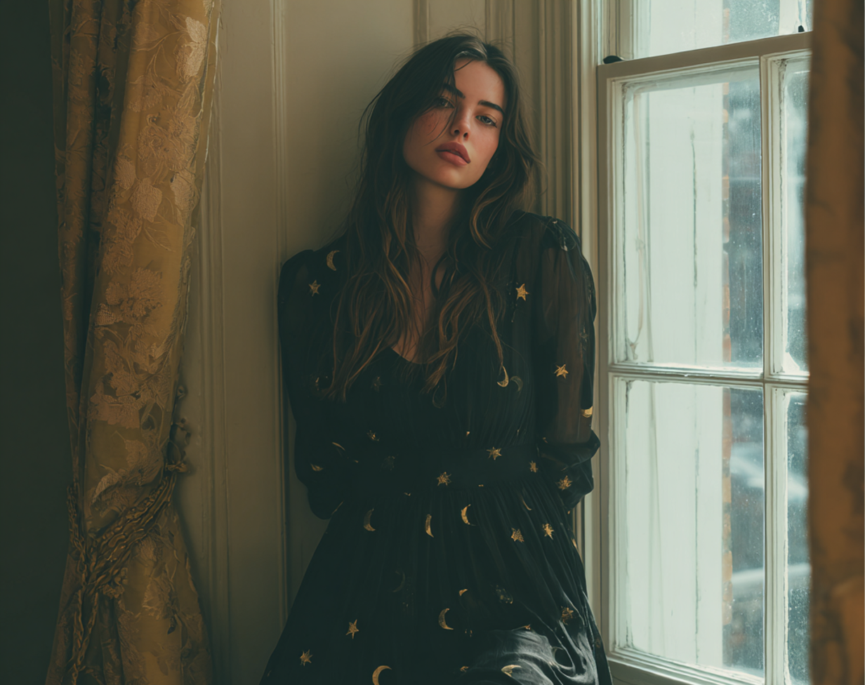 A woman leaning against a window | Source: Midjourney
