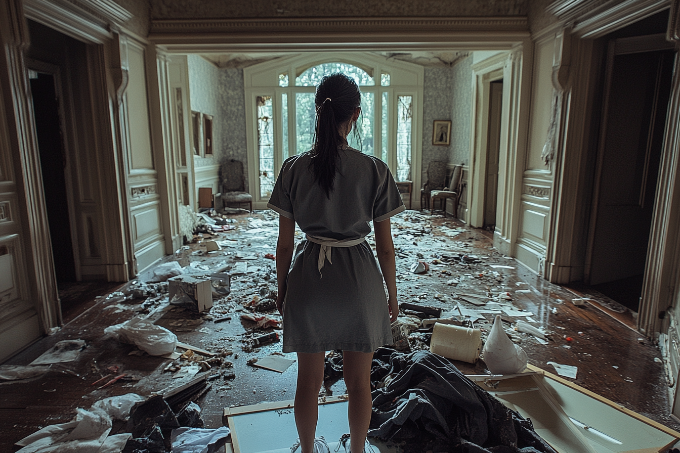 A woman standing in a filthy room | Source: Midjourney